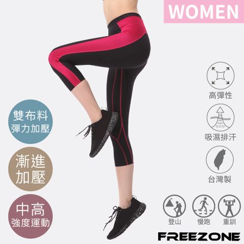 FREE ZONE 運動壓力壓縮七分緊身褲 女款-FZ300型(支撐加強機能/慢跑登山/健身/台灣製)