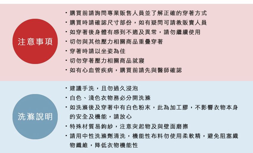 注意事項購買前請詢問專業販售人員並了解正確的穿著方式購買時請確認尺寸部份,如有疑問可請教販賣人員如穿著後身體有感到不適及異常,請勿繼續使用切勿與其他壓力相關商品重疊穿著穿著時請以坐姿為佳切勿穿著壓力相關商品就寢如有心血管疾病,購買前請先與醫師確認建議手洗,且勿過久浸泡洗滌說明·白色、淺色衣物務必分開洗滌·如洗滌後及穿著中有白色粉末,此為加工膠,不影響衣物本身的安全及機能,請放心·特殊材質易紗,注意突起物及與壁面磨擦請用中性洗滌劑清洗,機能性布料勿使用柔軟精,避免阻塞織物纖維,降低衣物機能性