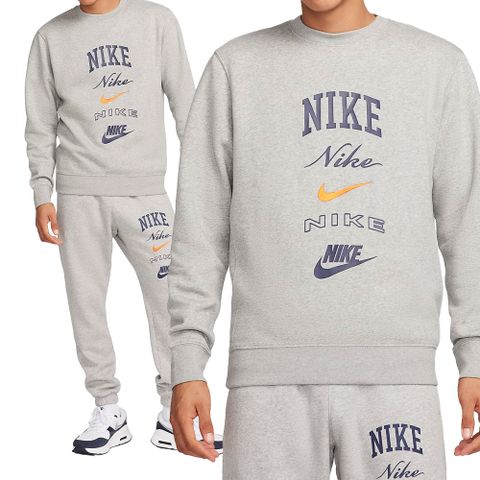 Nike Club Stack Crew 男款 灰色 麻灰 圓領 刷毛 多Logo 大學T 長袖 FN2611-063