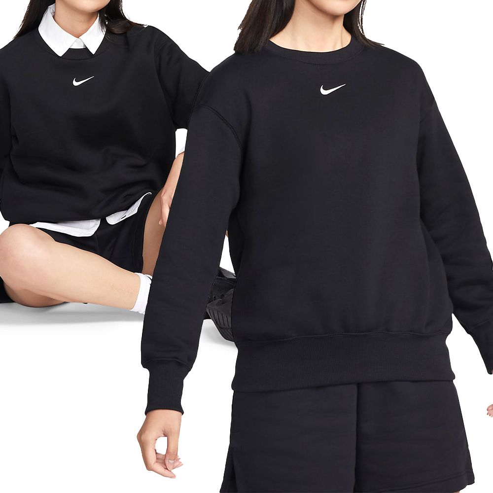 NIKE 耐吉  AS W NSW PHNX FLC OS Crew 女款 黑色 運動 休閒 長袖 圓領T 上衣 DQ5734-010