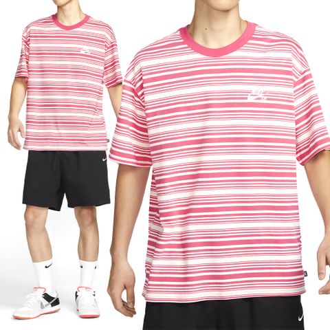 Nike U NK SB Tee M90 Stripe 男款 粉色 圓領 條紋 運動 寬鬆 短袖 FQ3712-838