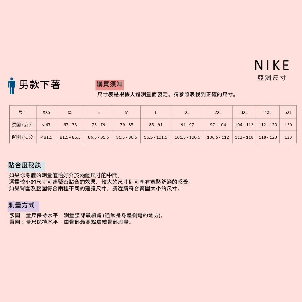 尺寸表是根據人體測量而製定請參照表找到正確的尺寸。NIKE亞洲尺寸 男款下著購買須知尺寸XXXSSMLXL2XL3XL4XL5XL腰圍(公分) 67677373-7979-8591-9797-104104-112112 120 120臀圍 (公分) 81.5 81.5 - 86.5 86.5 91.5 91.5-96.596.5 101.5 101.5 106.5106.5 112112-118118 123123貼合度秘訣如果你身體的測量值恰好介於兩個尺寸的中間,選擇較小的尺寸可達緊密貼合的效果,較大的尺寸則可享有寬鬆舒適的感受。如果臀圍及腰圍符合兩種不同的建議尺寸,請選購符合臀圍大小的尺寸。測量方式腰圍:量尺保持水平,測量腰部最處(通常是身體側彎的地方)。臀圍:量尺保持水平,由臀部最高點環繞臀部測量。