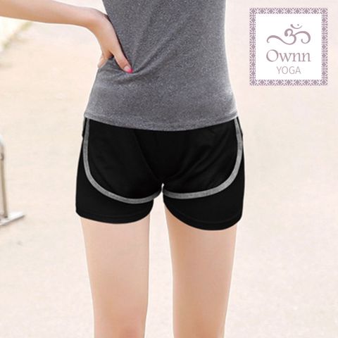 Ownn Yoga 【品樂】韓版防走光瑜伽路跑健身短褲(黑色滾灰邊單褲子)