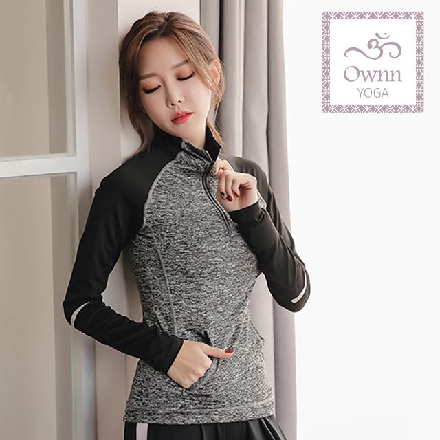 Ownn Yoga 韓版秋冬速乾透氣半高領瑜珈長袖上衣健身服(單賣灰衣黑袖上衣)