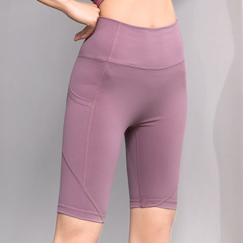 【OLRUN】彈性速乾跑步健身運動短褲 五分褲 大口袋 粉紫色