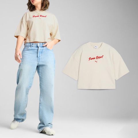 上衣 Oversized Graphic 女款 米白 紅 寬版 短袖 純棉 短T 排汗 62977687