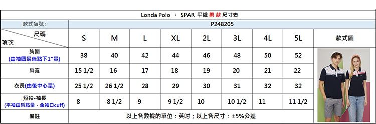 Londa Polo PAR 衡 男款 尺寸表款式貨號:尺碼P2425SΣLXL4L項次 款式圖胸圍(圈最低下") 15 1/216424446485052171819200 2122衣長(後中心)25 1/226 1/228 303132 32短袖袖長88 1/299 1/210(平由量含cuff)10 1/2 1111 1/2備註以上各數據的單位:;以上各尺寸:±5%公差