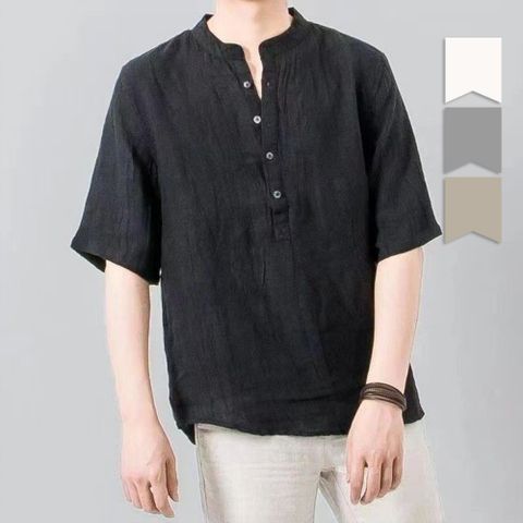 【CS22】夏季男士復古棉麻立領短袖POLO衫(M-4XL) -1入