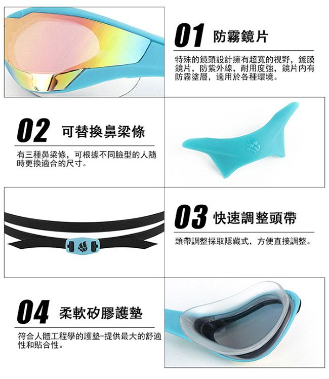 02 可替換鼻梁條有三種鼻梁條,可根據不同臉型的人隨時更換適合的尺寸。 柔軟矽膠符合人體工程學的護墊-提供最大的舒適性和貼合性。01 防霧鏡片特殊的鏡頭設計擁有的視野,鍍膜鏡片,防紫外線,耐用度強,鏡片内有防霧塗層,適用於各種環境。 快速調整頭帶頭帶調整採取隱藏式,方便直接調整。