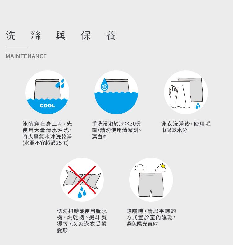 洗滌與保養MAINTENANCECOOL泳裝穿在身上時,先使用大量清水沖洗,將大量氯水沖洗乾淨(水溫不宜超過25)手洗浸泡於冷水30分鐘,請勿使用清潔劑、漂白劑泳衣洗淨後,使用毛巾吸乾水分切勿扭轉或使用脫水機、烘乾機、燙斗熨燙等,以免泳衣受損變形晾曬時,請以平鋪的方式置於室內陰乾,避免陽光直射