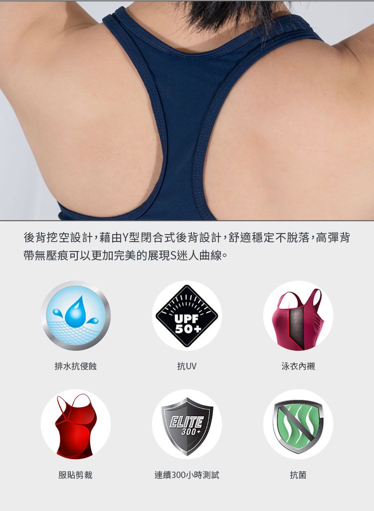 後背挖空設計,藉由Y型閉合式後背設計,舒適穩定不脫落,高彈背帶無壓痕可以更加完美的展現S迷人曲線。UPF50+排水抗侵蝕抗UV泳衣內襯ELITE300+服貼剪裁連續300小時測試抗菌