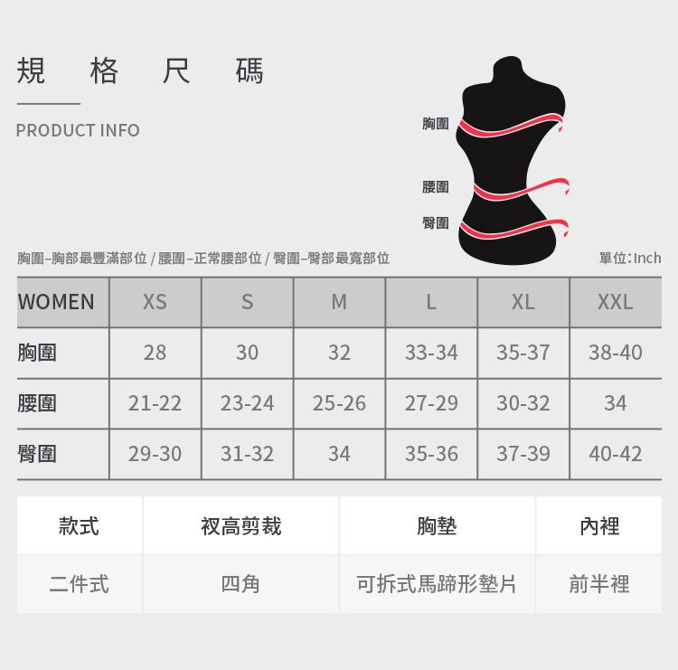 規格尺碼PRODUCT INFO胸圍腰圍臀圍胸圍胸部最豐滿部位/腰圍正常腰部位/臀圍-最部位單位:InchWOMENSMLXLXXL胸圍28303233-3435-3738-40腰圍21-22 23-2425-2627-2930-3234臀圍29-3031-323435-3637-3940-42款式高剪裁胸墊內裡二件式四角可拆式馬蹄形墊片前半裡