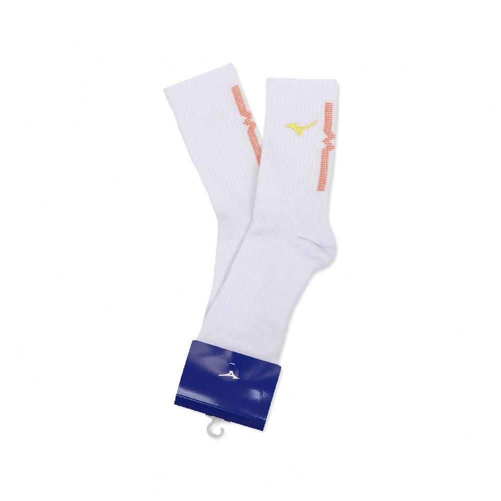 MIZUNO 美津濃   襪子 Crew Socks 男款 白 黃 長襪 高筒 包覆 運動襪 單雙入 32TXA607-41