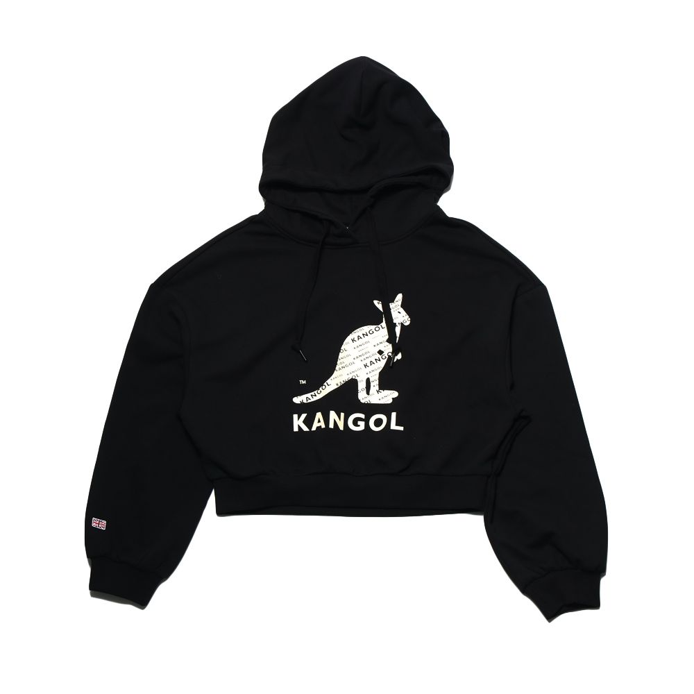 KANGOL  帽T 黑色 大LOGO 滿版 短版 長袖 休閒 女 6152105120