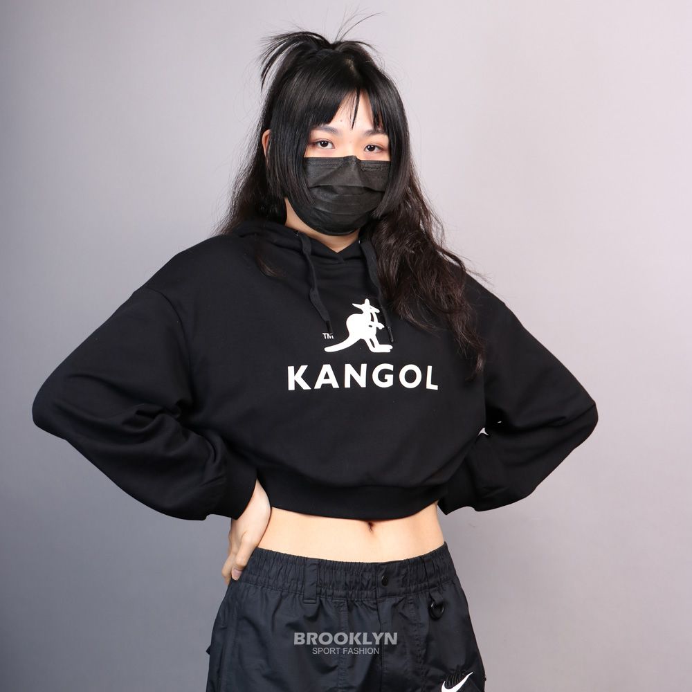 KANGOL  帽T 黑 連帽 短版 棉 女 6052105120