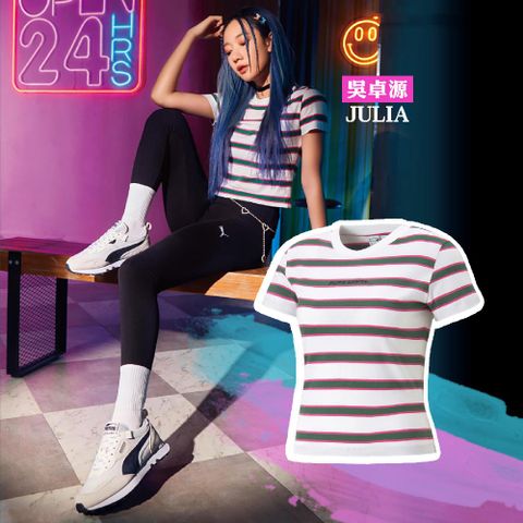 PUMA 短袖上衣 Team Tee 女款 白 綠 條紋 Julia 吳卓源 短版 棉T 舒適 53837702