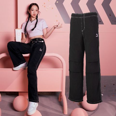 PUMA 彪馬 長褲 Logo Pants 女款 黑 白 抽繩 寬鬆 寬褲 Julia 吳卓源同款 62686601