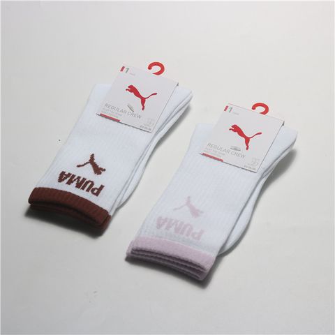 PUMA 襪子 FASHION 白色 咖啡/粉紫 LOGO 中筒襪 單雙入 男女 BB14450-