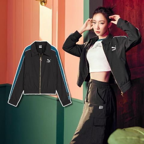 PUMA 彪馬 外套 PLAY.PARIS Jacket 女款 黑 藍 短版 網眼 Julia 吳卓源同款 教練外套 62911301