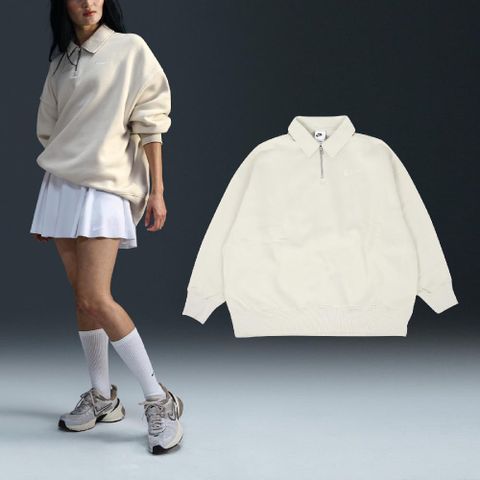 NIKE 耐吉 長袖 1/4-Zip Polo 女款 米白 內刷毛 寬鬆 半拉鍊 POLO衫 襯衫 長袖上衣 FZ3208-104