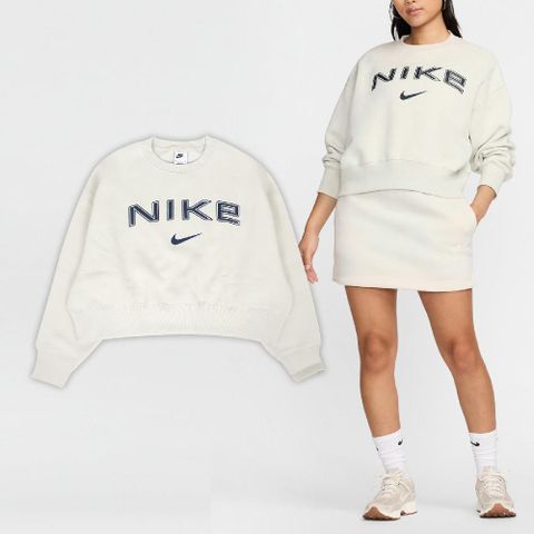 NIKE 耐吉 長袖 NSW Phoenix Fleece 女款 米白 藍 內刷毛 短版 寬鬆 大學T 衛衣 FV7675-104