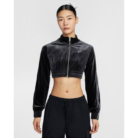 【NIKE】AS W NSW CLLCTN VELOUR FZ TOP 女 長袖上衣 立領外套 短版 黑色-FZ3680010