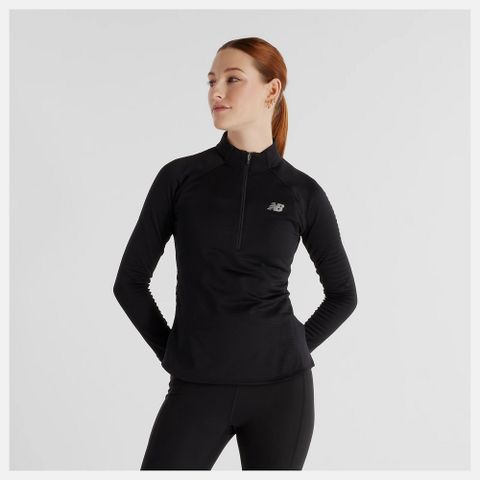 【New Balance】長袖上衣 半開襟上衣 女 運動上衣 保暖 黑色 美版_WT43200BK-F