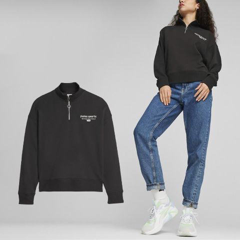 長袖 TEAM Half-Zip Sweatshirt 女款 黑 寬鬆 拉鍊領口 立領 半開襟 刺繡 62143801