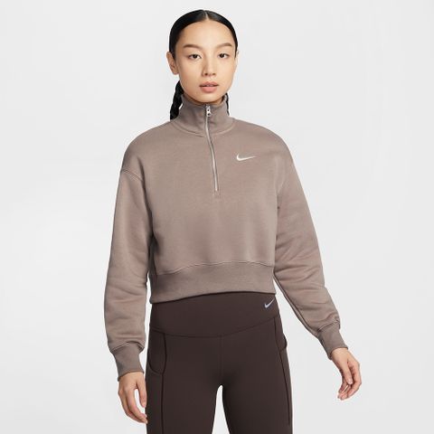 【NIKE】AS W NSW PHNX FLC QZ CROP 女 長袖上衣 棕色-DQ5768233