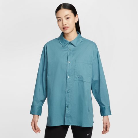 【NIKE】AS W NSW NK CHLL PPLN LS BTN T 女 長袖上衣 襯衫 灰藍色-HJ0716006