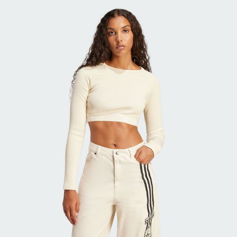 【ADIDAS】RIB LS TOP 長袖上衣 女 短版 米白色-JD0013