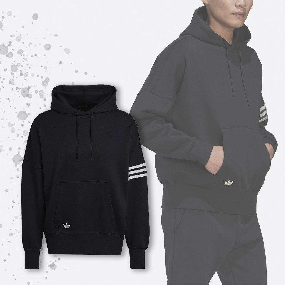 ADIDAS 愛迪達   帽T Adicolor Hoodie 男款 長袖 連帽上衣 黑 白 三線 寬鬆 三葉草  HM1871