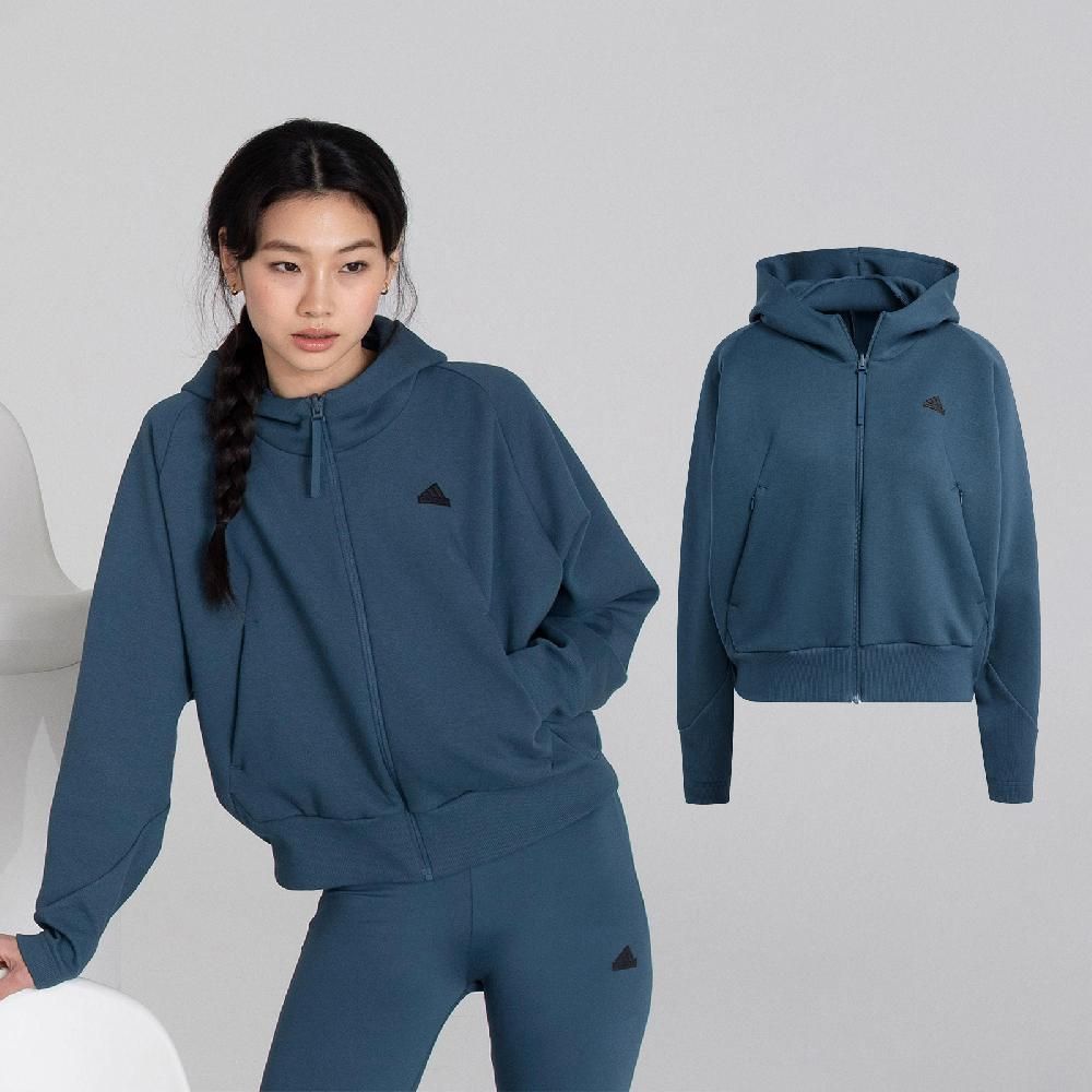 ADIDAS 愛迪達   外套 Z.N.E. Full-Zip 女款 藍 黑 寬版 連帽外套 吸汗 拉鍊口袋 IN5129