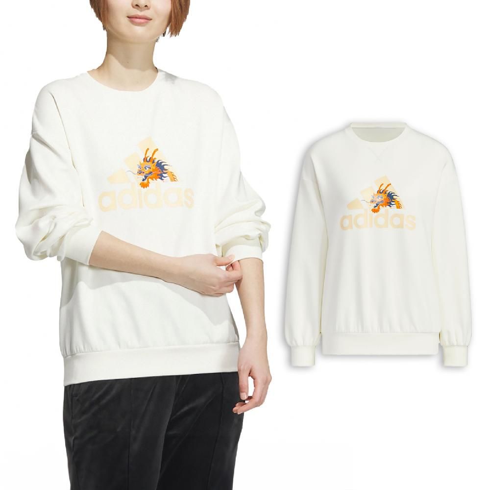 ADIDAS 愛迪達   長袖上衣 CNY Sweatshirts 女款 白 黃 龍年 農曆年 落肩 大學T JE6096