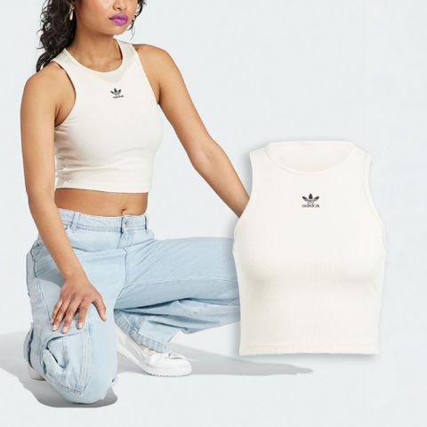 ADIDAS 愛迪達 背心 Essentials Rib Tank Top 女款 米白 黑 修身 三葉草 無袖 IJ8257