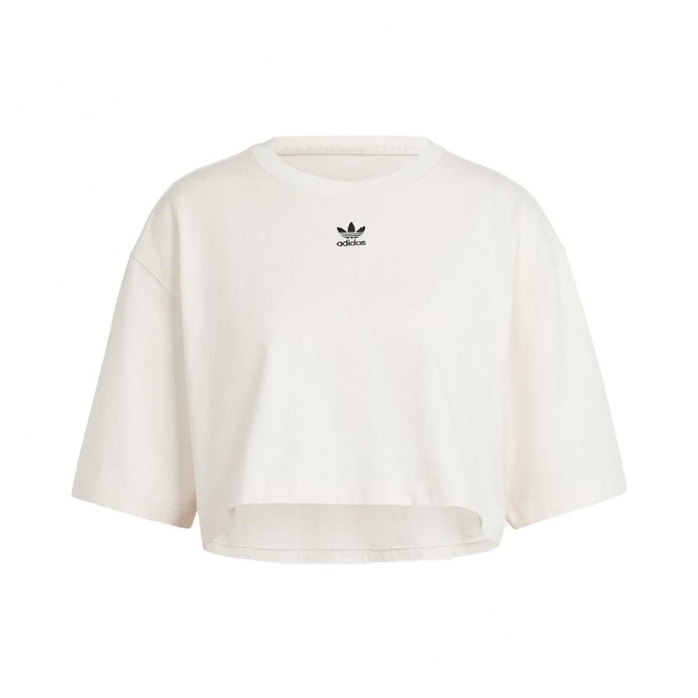 ADIDAS 愛迪達   短袖 Essentials Crop Tee 女款 米白 黑 純棉 寬鬆 短版 三葉草 IR5976