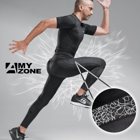 【A-MYZONE】男款 護膝漸進式壓力 複合機能排乳酸提升運動壓力褲(反光亂紋)