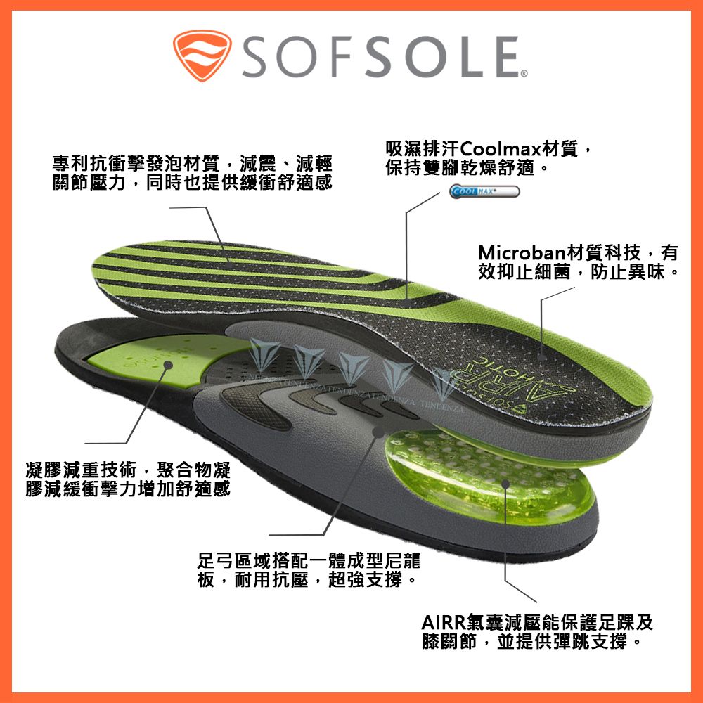 SOFSOLE專利抗衝擊發泡材質減震、減輕關節壓力,同時也提供緩衝舒適感凝膠減重技術,聚合物凝膠減緩衝擊力增加舒適感吸濕排汗Coolmax材質,保持雙腳乾燥舒適。 ZATENDENZA TENDENZAMicroban材質科技,有效抑止細菌,防止異味。足弓區域搭配一體成型尼龍板,耐用抗壓,超強支撐。AIRR氣囊減壓能保護足踝及膝關節,並提供彈跳支撐。