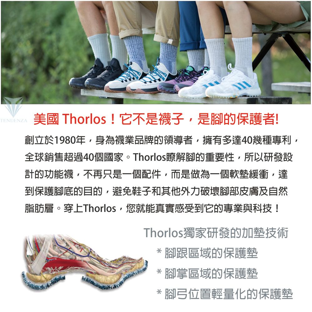 TENDENZA美國 Thorlos !它不是襪子是腳的保護者!創立於1980年,身為襪業品牌的領導者,擁有多達40幾種專利,全球銷售超過40個國家。Thorlos瞭解腳的重要性,所以研發設計的功能襪,不再只是一個配件,而是做為一個軟墊緩衝,達到保護腳底的目的,避免鞋子和其他外力破壞腳部皮膚及自然脂肪層。穿上Thorlos,您就能真實感受到它的專業與科技!Thorlos獨家研發的加墊技術* 腳跟區域的保護墊*腳掌區域的保護墊* 腳弓位置輕量化的保護墊