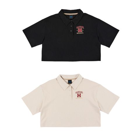 NCAA 短T 黑 卡其 哈佛 落肩 POLO衫 短版 女 74221301-