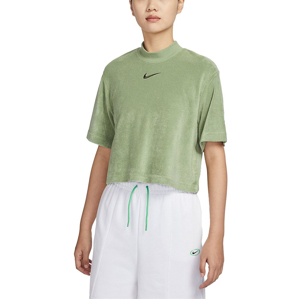 NIKE 耐吉  SPORTSWEAR 女款 短袖上衣 運動 短版 草綠色 毛圈布 DV7833-386