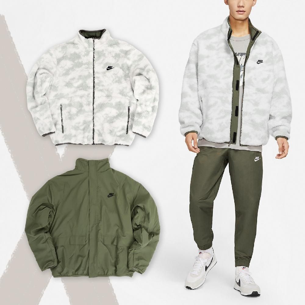 NIKE 耐吉  長袖外套 Club Winter Jackets 男款 軍綠 白 雙面穿 防撕裂 針織 休閒 寬鬆 DQ4885-222