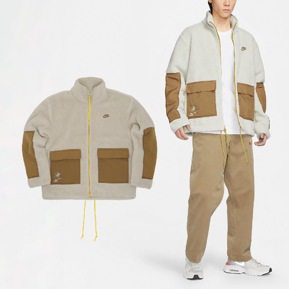 NIKE 耐吉   外套 NSW Sherpa 奶茶 卡其 棕 男款 小勾 刺繡 搖粒絨 拼布 大口袋 寬鬆 FV4022-072