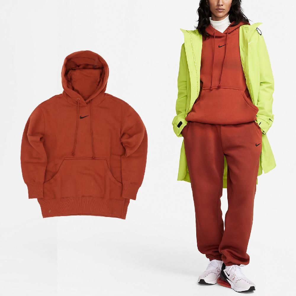 NIKE 耐吉   帽T Phoenix Fleece 女款 磚紅 黑 內刷毛 大口袋 抽繩 寬鬆 連帽上衣 DQ5861-832