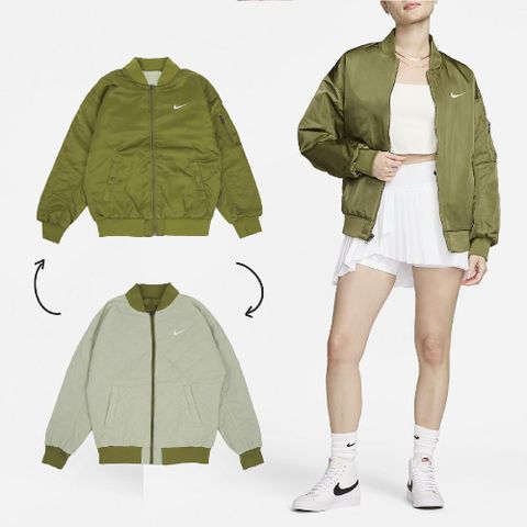 Nike 耐吉 外套 NSW Reversible Varsity 女款 綠 白 雙面穿 飛行夾克 保暖 寬鬆 風衣 DV7877-307