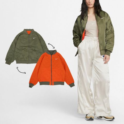 Nike 耐吉 外套 NSW Varsity 女款 綠 橘 雙面穿 絎縫 飛行夾克 保暖 風衣 夾克 DV7877-222