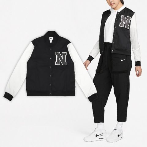 Nike 耐吉 外套 NSW Jacket 女款 黑 白 棒球外套 按扣 風衣 夾克 DZ4631-010
