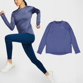 Nike 耐吉 長袖 Element 女款 藍 銀 速乾 前短後長 拇指孔 運動 瑜珈 長袖上衣 DX0309-491