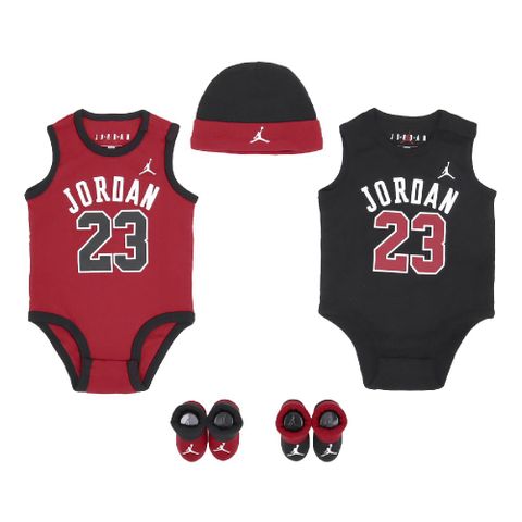 Nike 耐吉 包屁衣 Jordan 5 Piece Set 黑 紅 純棉 按扣 五件套 帽子 襪子 禮盒 嬰兒 JD2113029NB-001