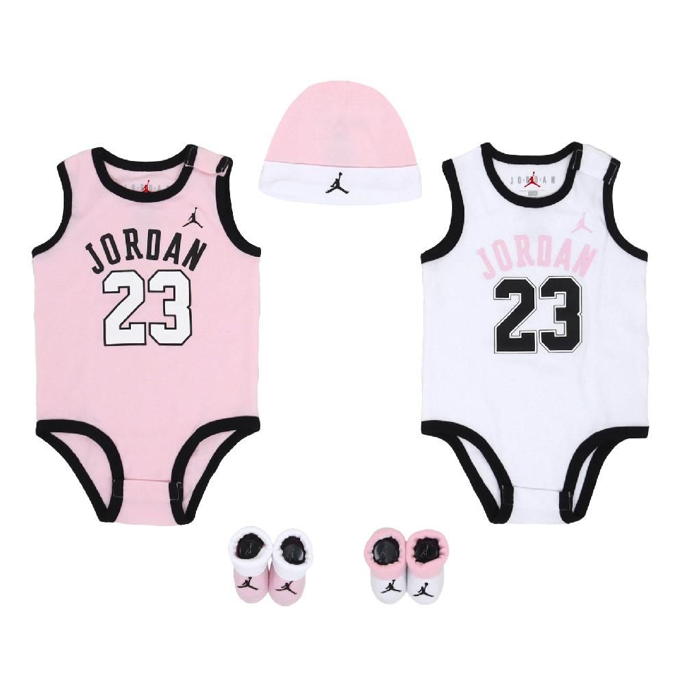 NIKE 耐吉   包屁衣 Jordan 5 Piece Set 粉 白 純棉 按扣 五件套 帽子 襪子 禮盒 嬰兒 JD2113029NB-002